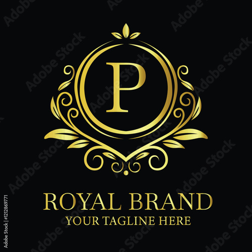 Elegant golden luxury logo design P for royal brand with customizable tagline option  
