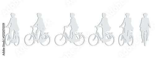 Vector concept or conceptual gray paper cut silhouette of a woman riding a bicycle from different perspectives isolated on white background. A metaphor for health, fitness, work, leisure and lifestyle