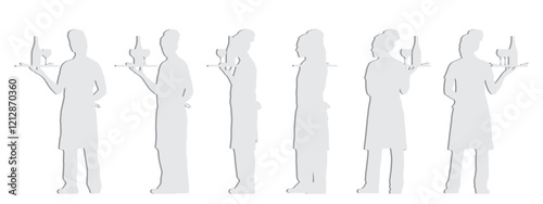 Vector concept conceptual gray paper cut silhouette of a female waiter serving drinks from different perspectives isolated on white background. A metaphor for working, business, relaxation and lifesty