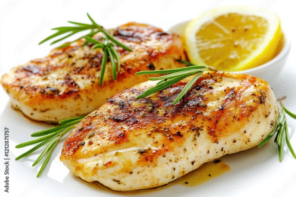 Savory grilled chicken breasts garnished with herbs and lemon slice on a pristine white plate Savory grilled chicken breasts garnished with herbs and lemon slice on a pristine white plate