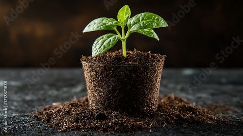 A heap dark brown Coco Peat soil amendment surrounds a small potted plant, highlighting the sustainable gardening material's moisture-retentive properties and earthy texture