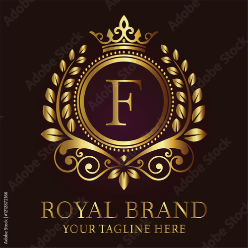 Elegant logo design F with golden crown and leaves for luxury brands and royal-themed businesses  
