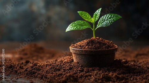 A heap dark brown Coco Peat soil amendment surrounds a small potted plant, highlighting the sustainable gardening material's moisture-retentive properties and earthy texture