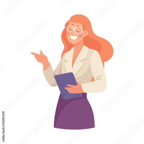 Woman Teacher Character Explain Lesson Stand with Clipboard Vector Illustration