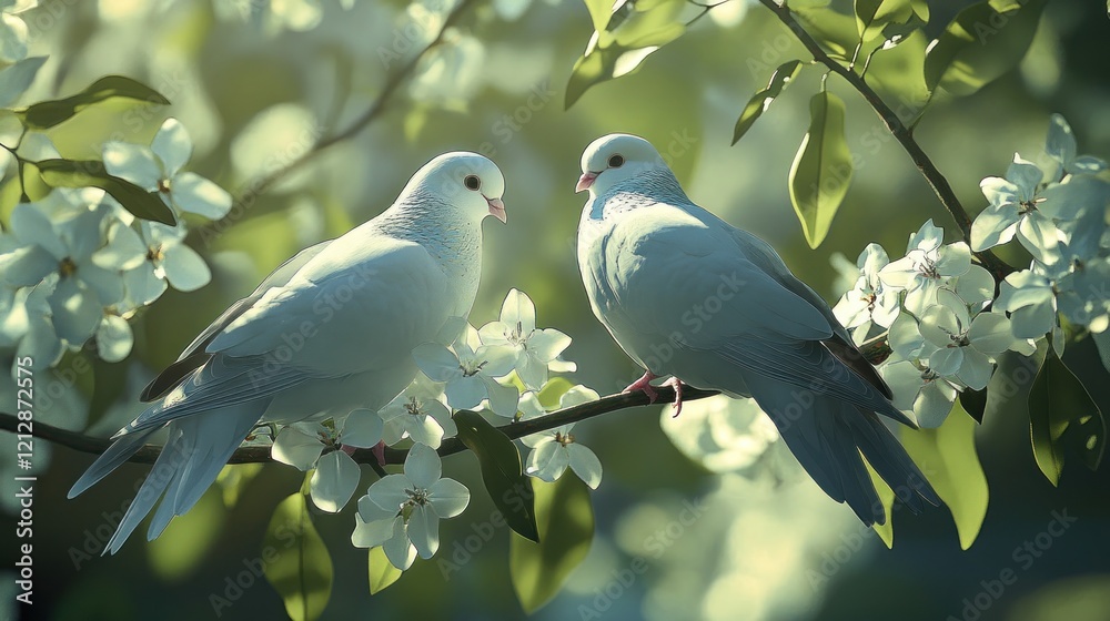 Two Doves on a Branch with White Flowers Two Doves on a Branch with White Flowers