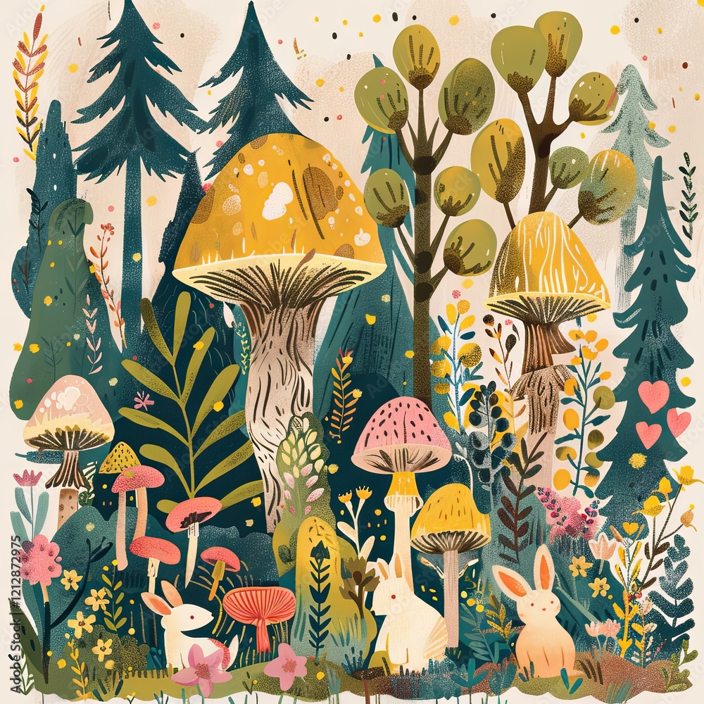 Φωτογραφία Painting depicting huge mushrooms and various plants on the background of a fairy-tale forest