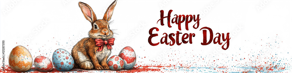 Fototapeta premium Easter holiday. the bumper is white, with a bunny and painted eggs on it. Happy Easter day