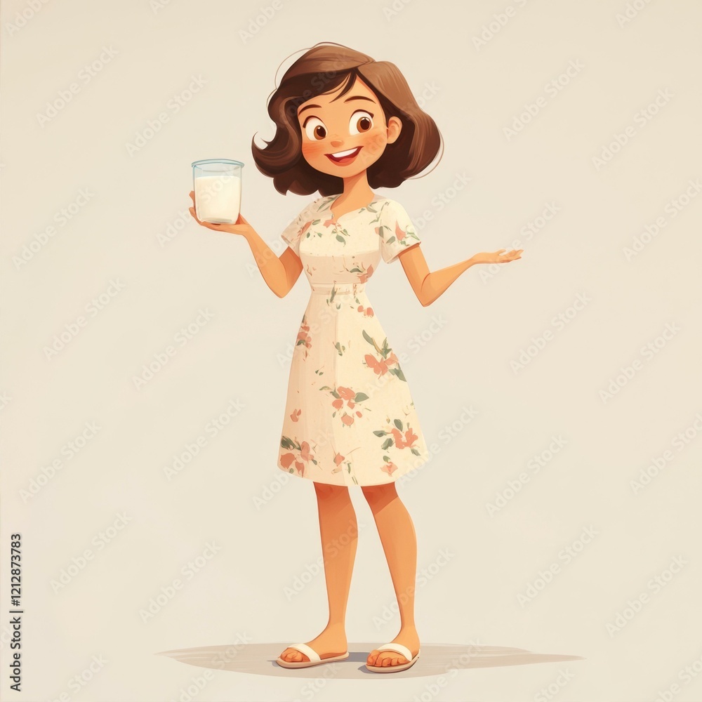 Happy Woman in Floral Dress Holding Milk Glass Happy Woman in Floral Dress Holding Milk Glass