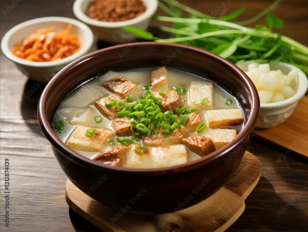 Hearty Soup Bowl with Tofu and Green Onions alongside Shredded Carrots and Brown Crumbs Hearty Soup Bowl with Tofu and Green Onions alongside Shredded Carrots and Brown Crumbs