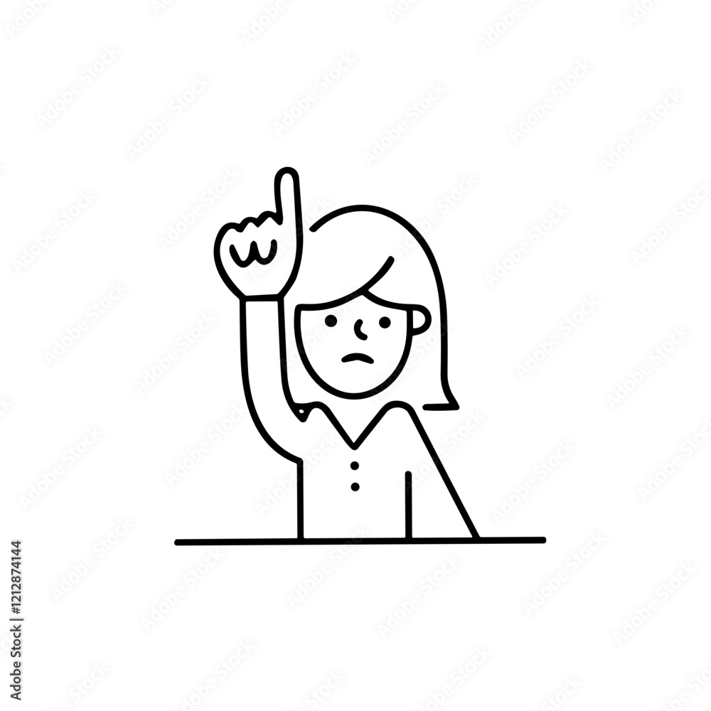 Woman raising her hand in a warning gesture, illustrated in a minimalist black line art style Woman raising her hand in a warning gesture, illustrated in a minimalist black line art style