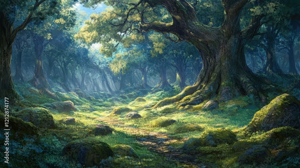 Fototapeta premium Sunlit path through a dense forest with large trees and mossy rocks under blue sky