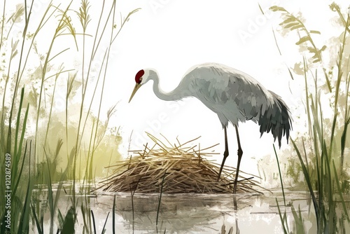 Elegant Crane Bird Near Its Nest In Wetlands photo