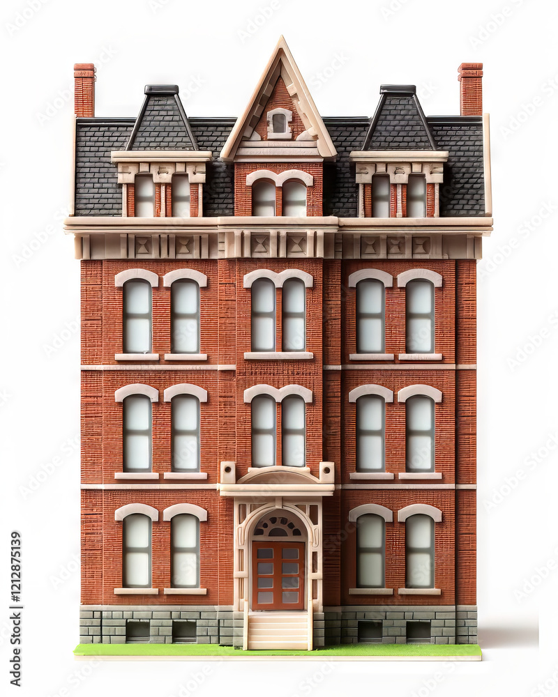 Naklejka premium A classic American-style suburban house with light gray siding, a red front door, 