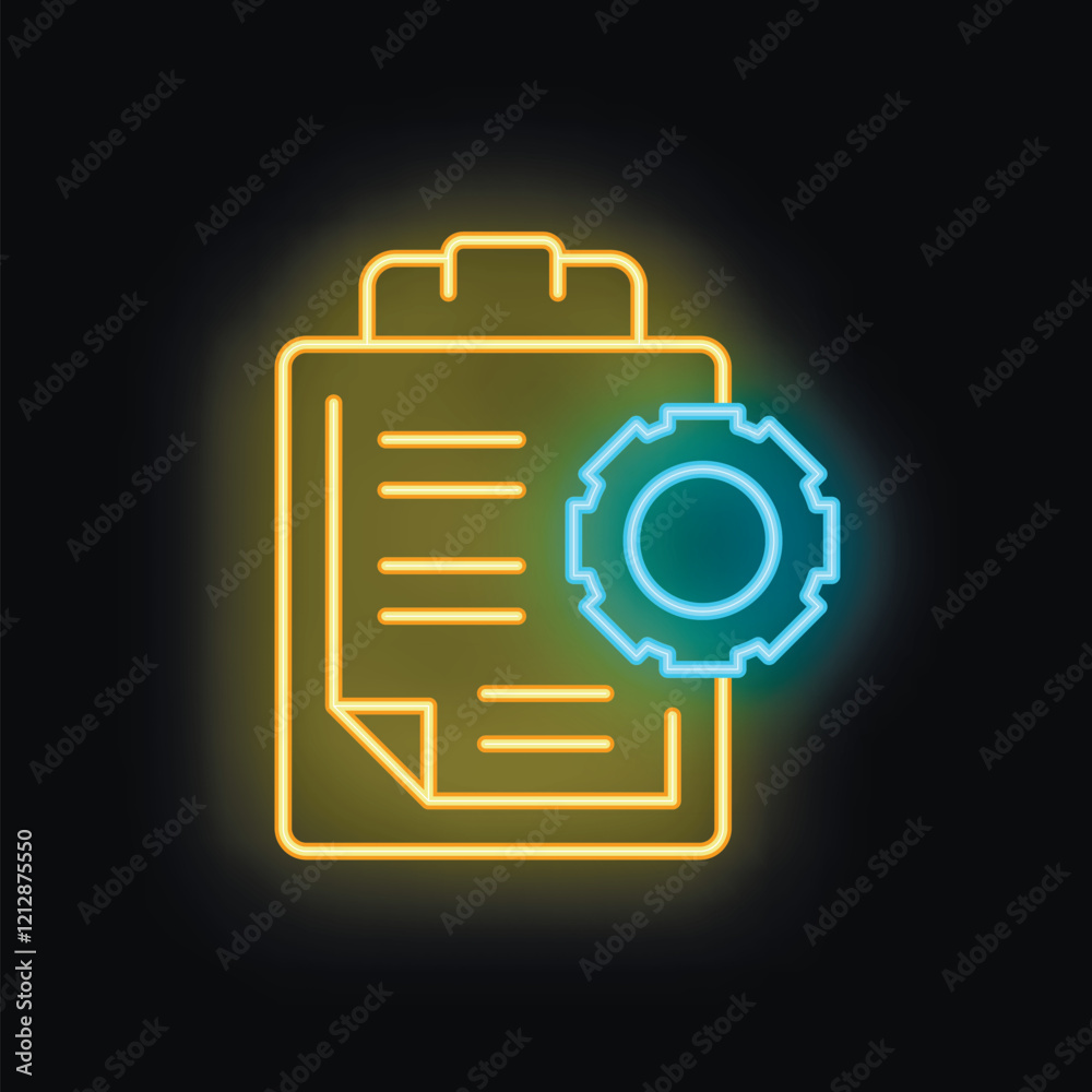 Glowing neon icon of clipboard with gear representing project management process Glowing neon icon of clipboard with gear representing project management process