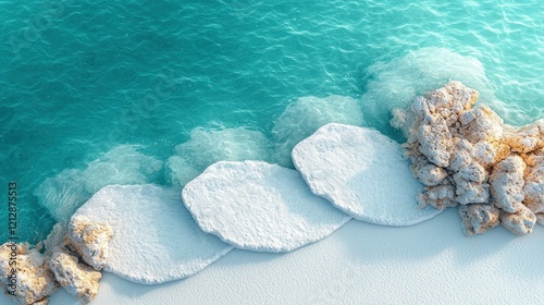 Turquoise water laps snow-covered shore, rocky coast, aerial view, idyllic backdrop. photo