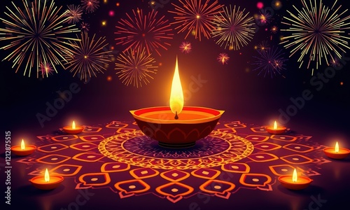 Diwali Celebration: A vibrant Diwali diya (oil lamp) glows brightly at the center of a mandala, surrounded by smaller diyas and a breathtaking fireworks display in the night sky, symbolizing hope. photo