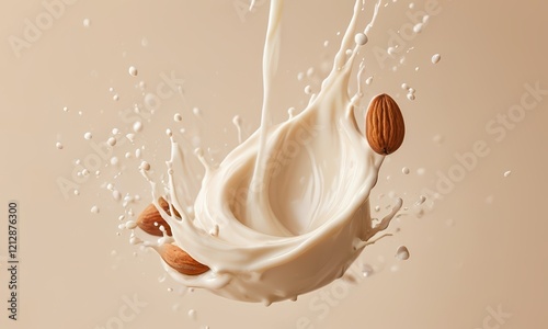 Almond Milk Splash: A dynamic splash of creamy almond milk, with whole almonds suspended mid-air, creates a visually stunning image perfect for advertising or editorial use. photo