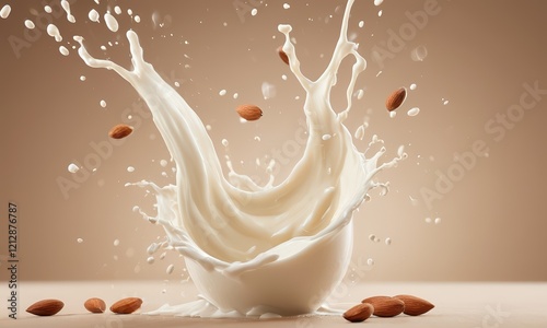 Almond Milk Splash: A dynamic splash of creamy almond milk erupts from a bowl, with almonds suspended mid-air, creating a visually stunning and appetizing image.