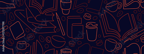 Books and coffee, tea. Vector line repeat patern
