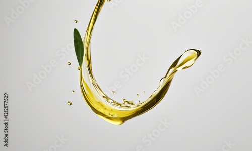 Golden Olive Oil Splash: A vibrant splash of golden olive oil creates a dynamic, elegant curve, adorned with a single olive leaf, suggesting freshness and quality.
