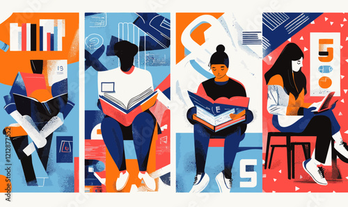 Minimalist University Education Vector: Students Reading and Listening with Book Pattern