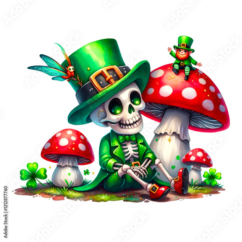 Skeleton sitting with mushroom and leprechaun photo