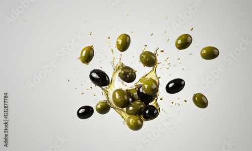 Olives in Flight:  A burst of fresh olives and a splash of golden olive oil creates an energetic visual symphony. The image captures the essence of olive oil's flavor and versatility.