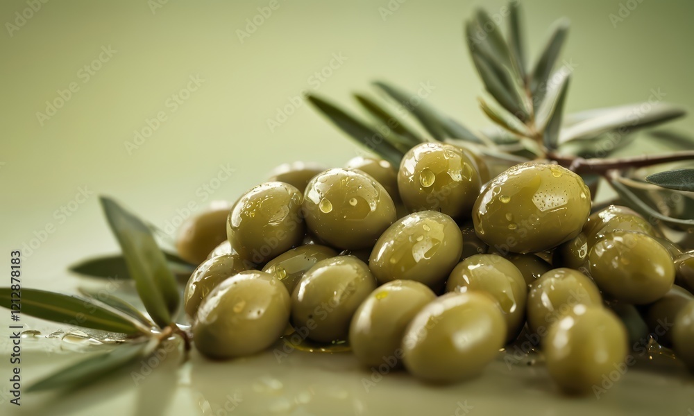 Green Olives: A cluster of plump, green olives, glistening with a delicate sheen of oil, rests on a branch of fresh olive leaves. Green Olives: A cluster of plump, green olives, glistening with a delicate sheen of oil, rests on a branch of fresh olive leaves.