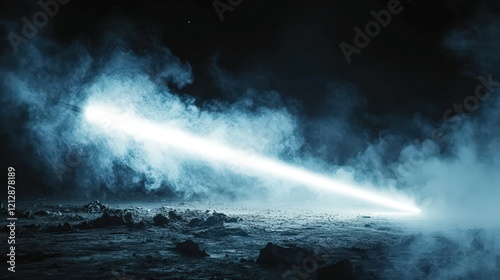 Bright light beam cuts through smoky alien landscape photo