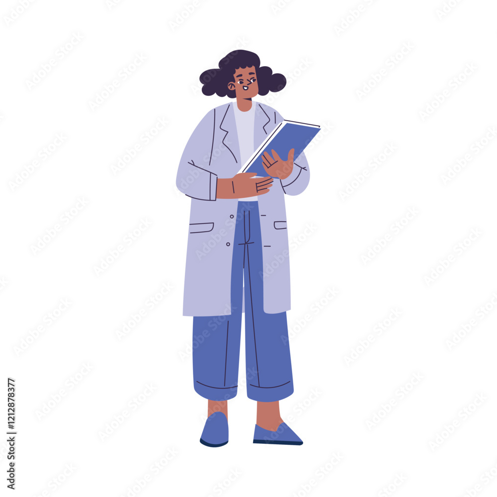 Woman Scientist Character in Coat Standing with Clipboard Vector Illustration Woman Scientist Character in Coat Standing with Clipboard Vector Illustration