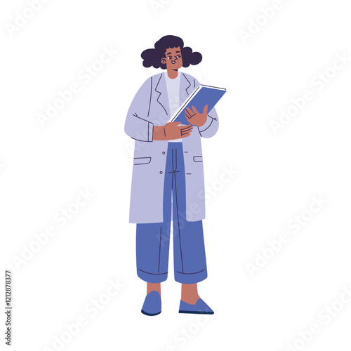 Woman Scientist Character in Coat Standing with Clipboard Vector Illustration