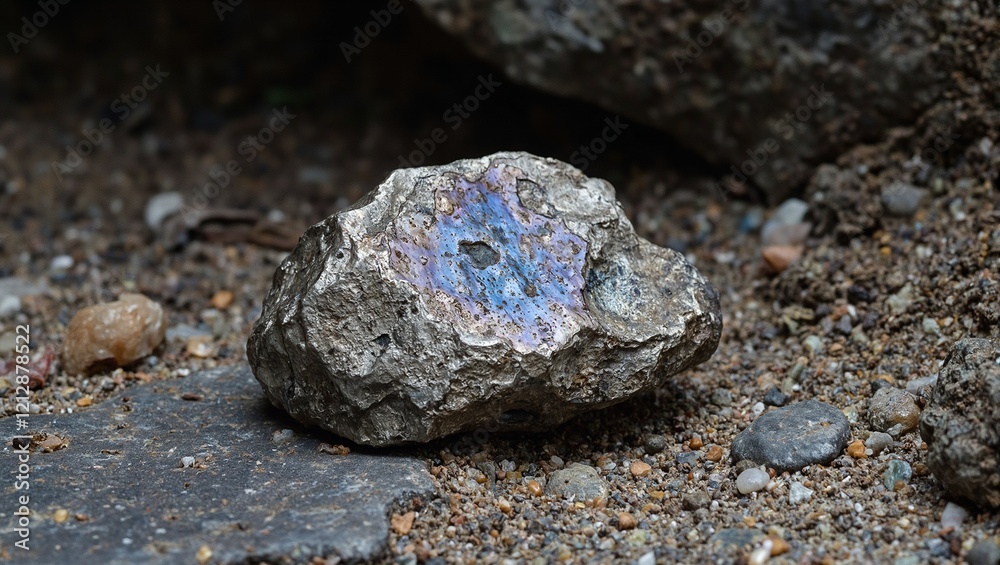 Silver nugget with iridescent sheen on rock in cave Silver nugget with iridescent sheen on rock in cave