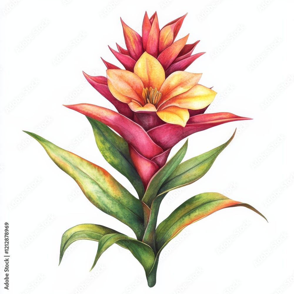 Guzmania Tropical Flower Watercolor White Background Guzmania Tropical Flower Watercolor White Background