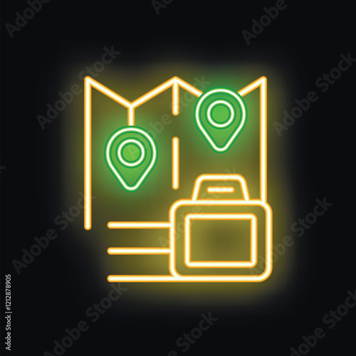 Neon glowing icon of travel photography with map, camera and location pins