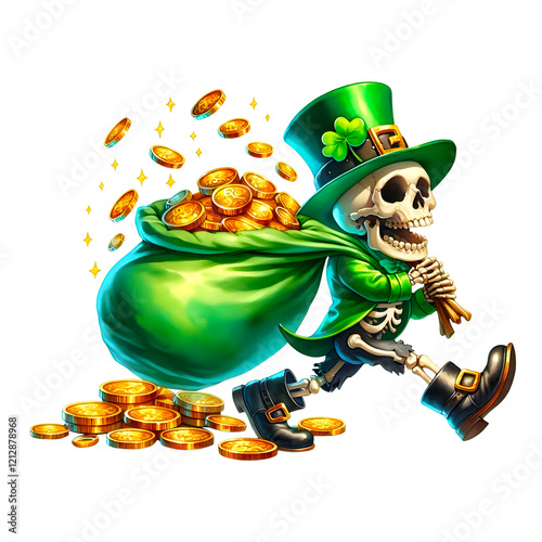 Skeleton carrying a bag of gold coins photo