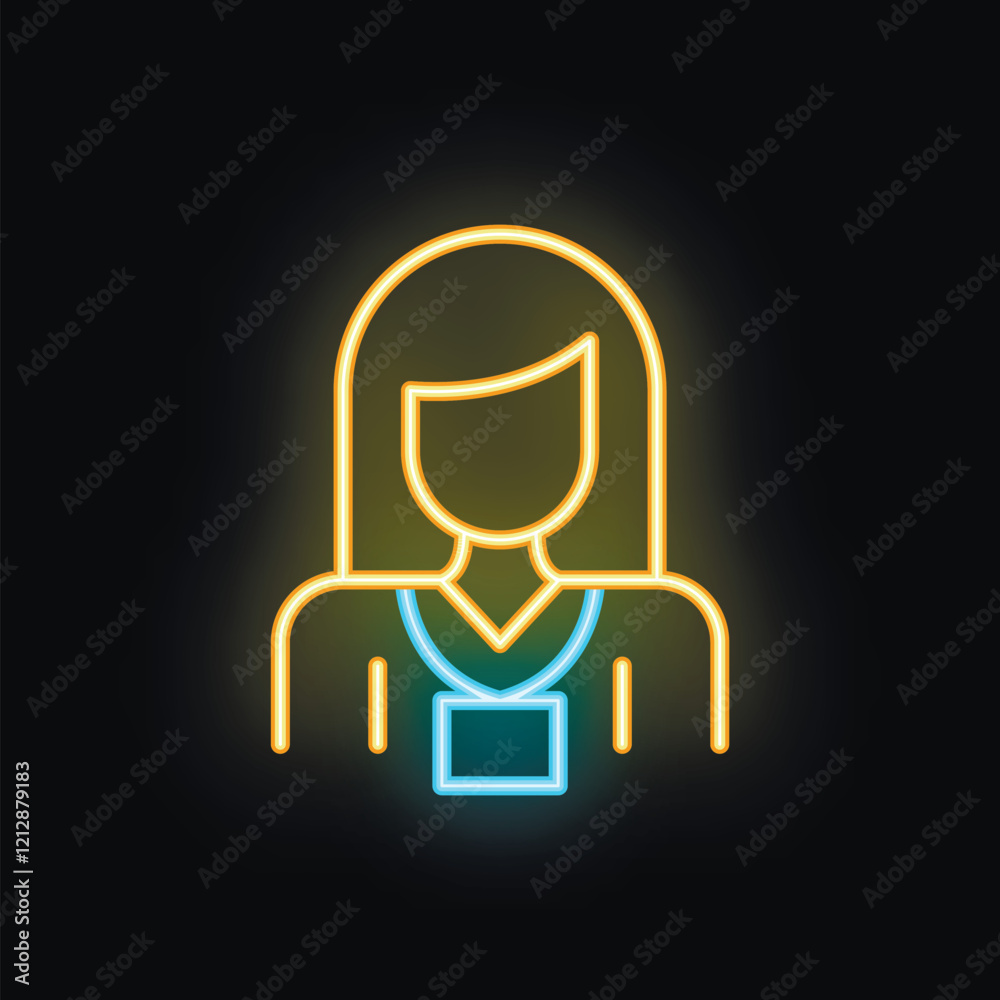 Neon icon of a businesswoman wearing a badge, glowing on a black background Neon icon of a businesswoman wearing a badge, glowing on a black background