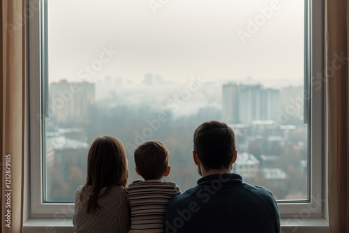 PM 2.5 air pollution triggers severe allergies. A father and two children gaze out a foggy window, overlooking a cityscape, creating a sense of family and contemplation in a serene moment.