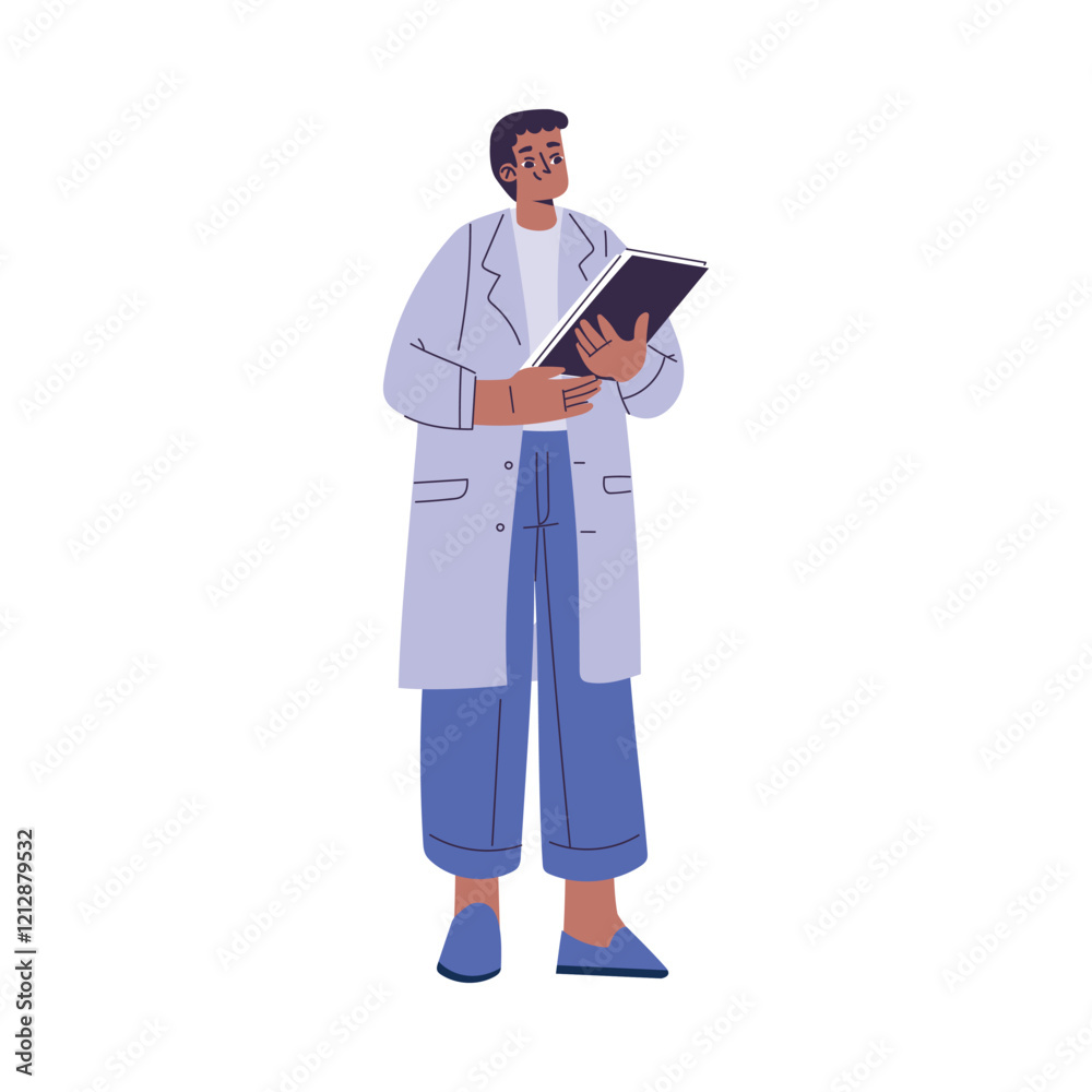 Man Scientist Character in Coat Standing with Clipboard Vector Illustration Man Scientist Character in Coat Standing with Clipboard Vector Illustration