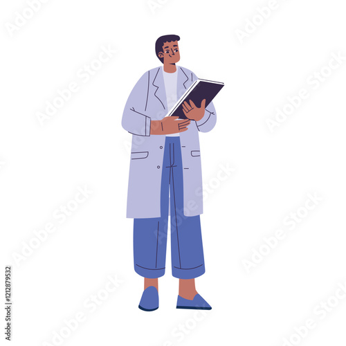 Man Scientist Character in Coat Standing with Clipboard Vector Illustration