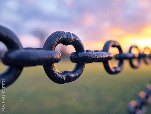 Sunset's Golden Light Illuminates Strong Metal Chain Links, Connecting Elements Outdoors, Displaying Resilience and Interconnection at Dusk. A Symbol of Unity and Strength.