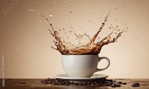 Coffee Splash:  A dramatic high-speed photograph captures the moment coffee splashes from a cup, creating a captivating crown-like effect. Coffee beans surround the cup.