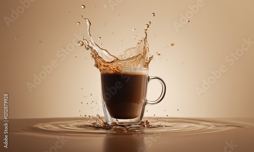 Coffee Splash: A mesmerizing coffee splash in a glass mug creates a dramatic display of liquid artistry. The coffee's rich color contrasts beautifully against the background.