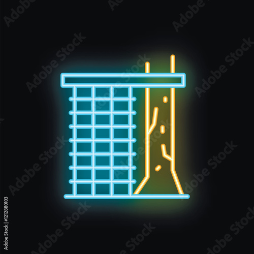 Glowing neon icon of underpinning a building with steel bars and concrete injection to strengthen the foundation