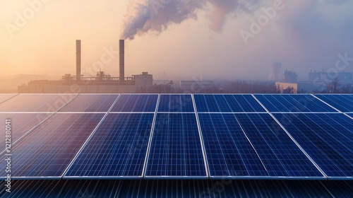 PM 2.5 dust awareness ensures safer environments. A solar panel array in the foreground contrasts with smokestacks emitting pollution in the background