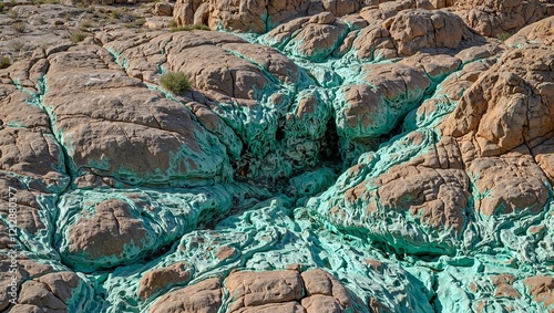 Vibrant turquoise malachite vein in desert canyon