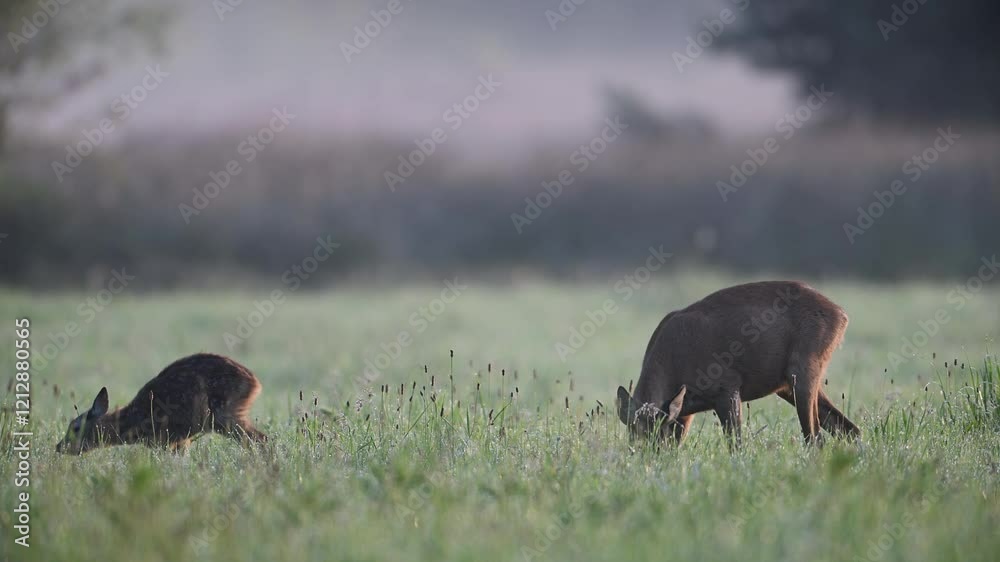 Roe deer mother stands with her fawn in a meadow in the morning mist looking for food, summer, north rhine westphalia, (capreolus capreolus), germany Roe deer mother stands with her fawn in a meadow in the morning mist looking for food, summer, north rhine westphalia, (capreolus capreolus), germany