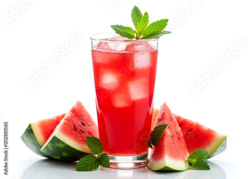 Fresh Watermelon Juice with Mint Leaves and Ice in Glass on White photo