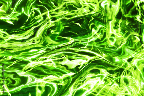 Abstract acrylic artwork with dynamic ink flow and bright colorful drips. Isolated fantasy style design featuring green vibrant hue. Creative and artistic chemical cloud effect background.