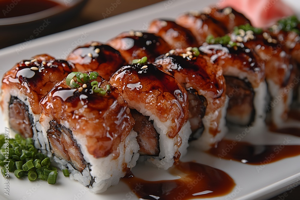 Delicious Unagi Sushi Rolls Garnished With Green Onions Delicious Unagi Sushi Rolls Garnished With Green Onions