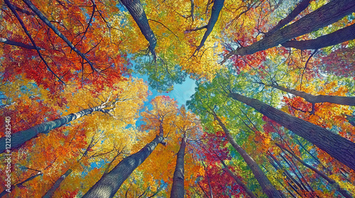 Aerial view of colorful autumn foliage with vibrant leaves changing colors in a lush forest canopy, Dedham, United States. photo